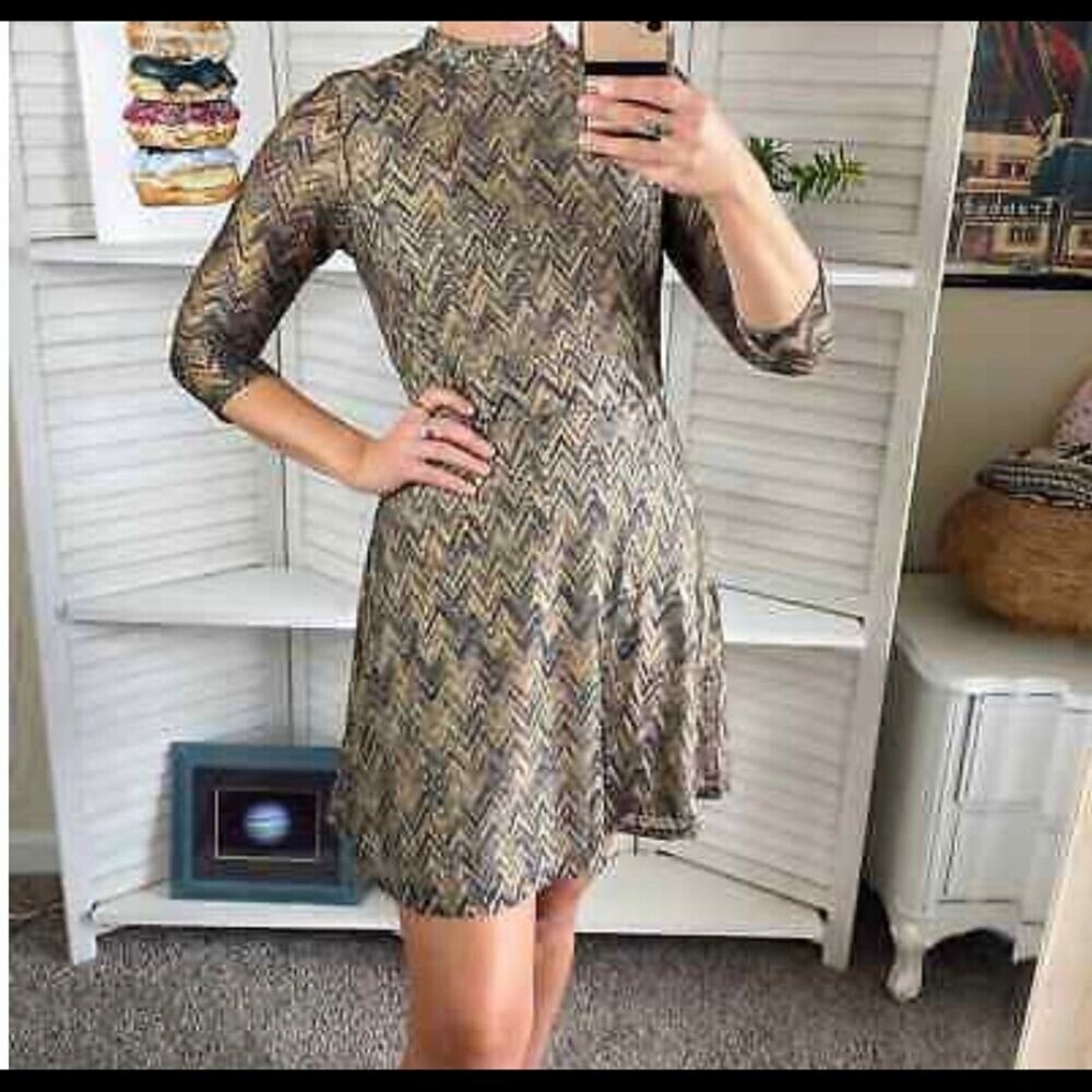 Dina Be dress women's Copper brown chevron skater dress size M made In U.S.A